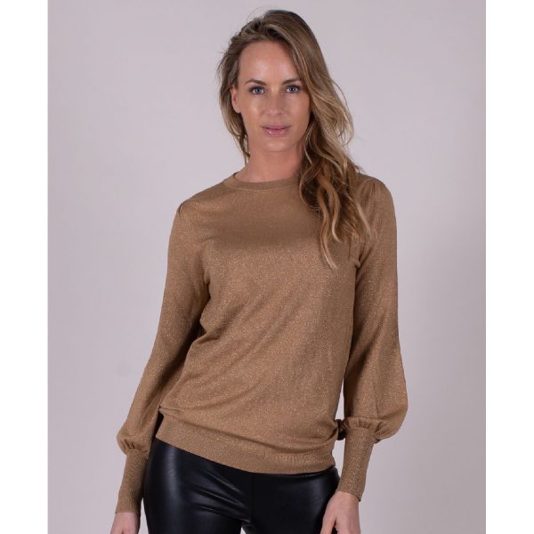 Trui Camel in Viscose Lurex met lange Pofmouw | The Clothed