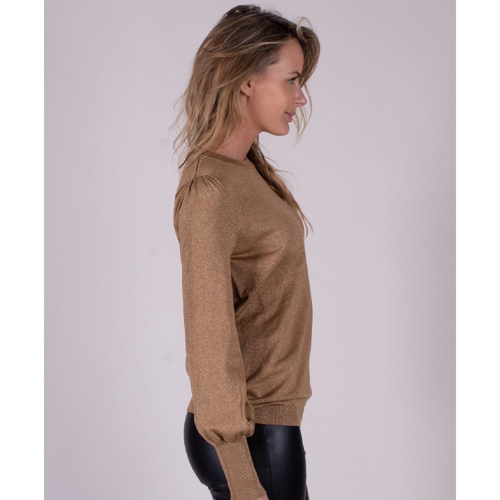 Trui Camel in Viscose Lurex met lange Pofmouw | The Clothed