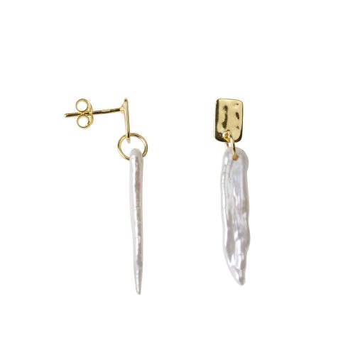 Hammered Small Rectangle And Pearl Stud Earring Gold Plated | Betty Bogaers