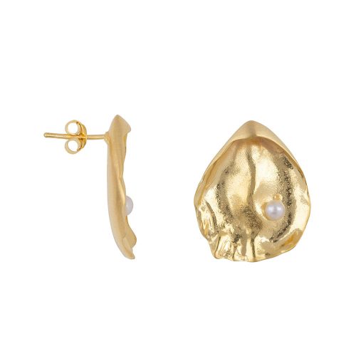 Large Oyster stud pearl earring Gold Plated | Betty Bogaers