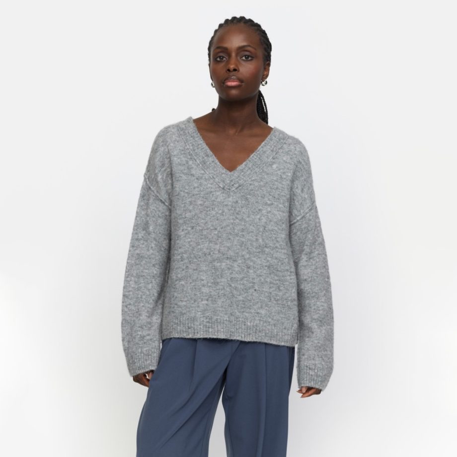 Allison V-neck Knit Medium Grey Melange | Soft Rebels