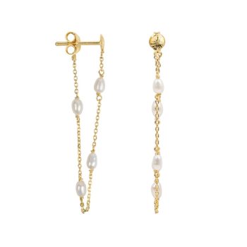 Ribbed Mini Moon Pearl Chain Earring Gold Plated | Betty Bogaers