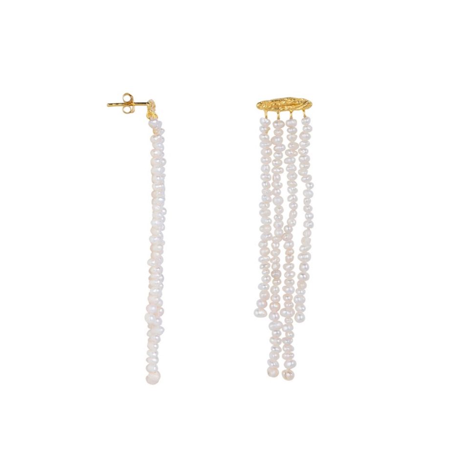 Hammered Hanging Pearls Stud Earring Gold Plated | Betty Bogaers