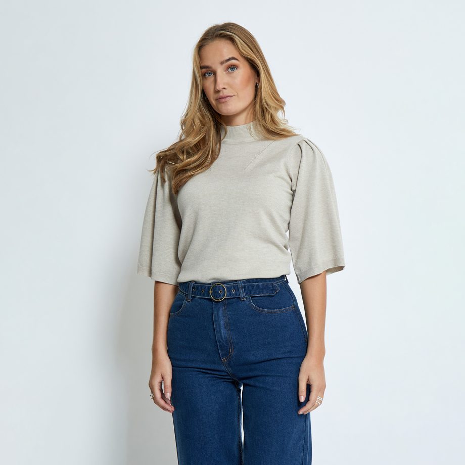 Kylina High Neck Knit T-shirt Sand Gray Melange | Minus