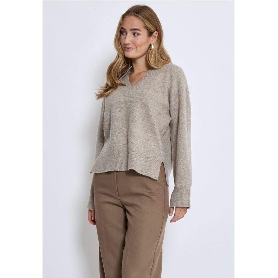 Casey V-Neck Knit Pullover Winter Twig Sand Melange | Peppercorn