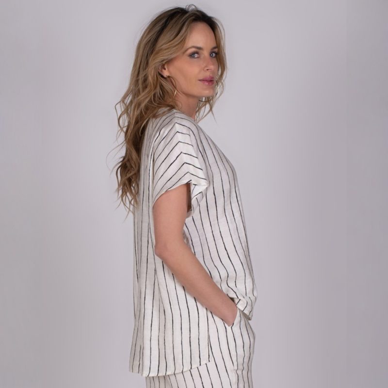 Avilla V-neck Blouse Zwart Beige Streep | The Clothed