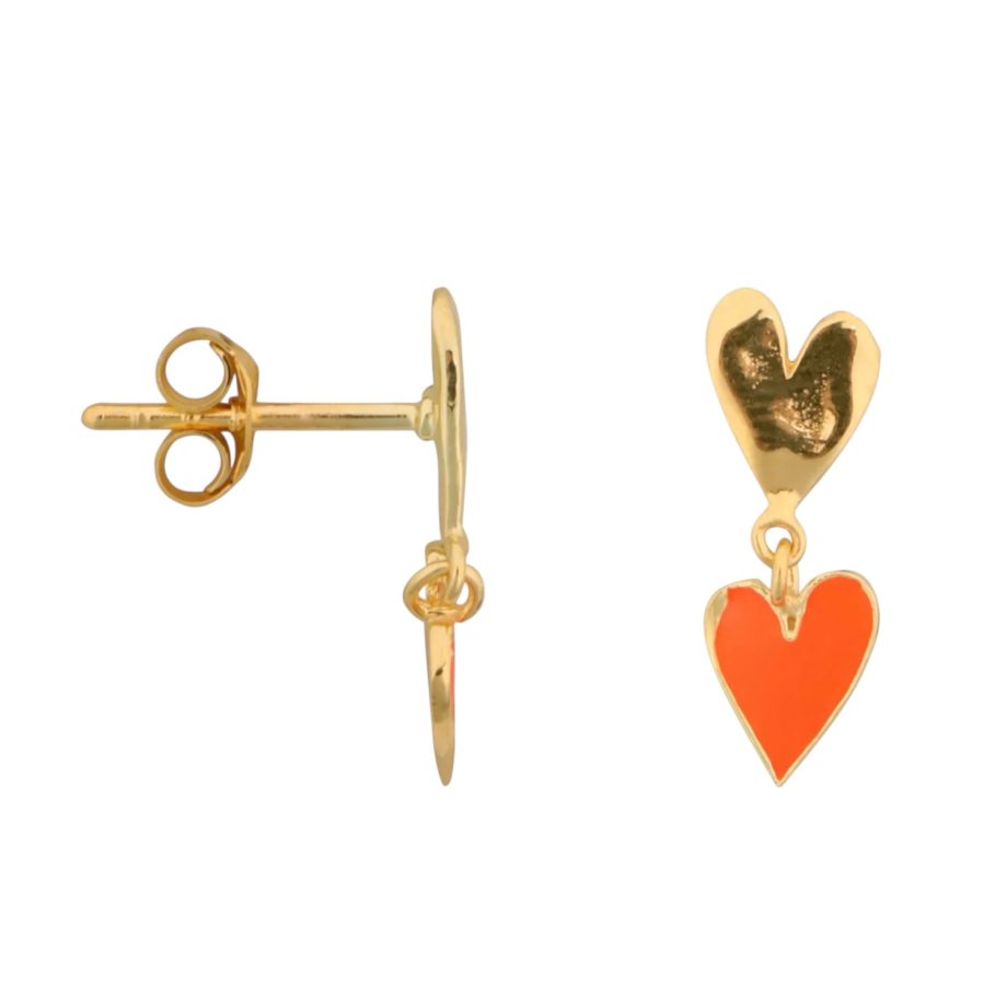 Medium Two Hearts Stud Earring Neon Coral Enamel | Betty Bogaers