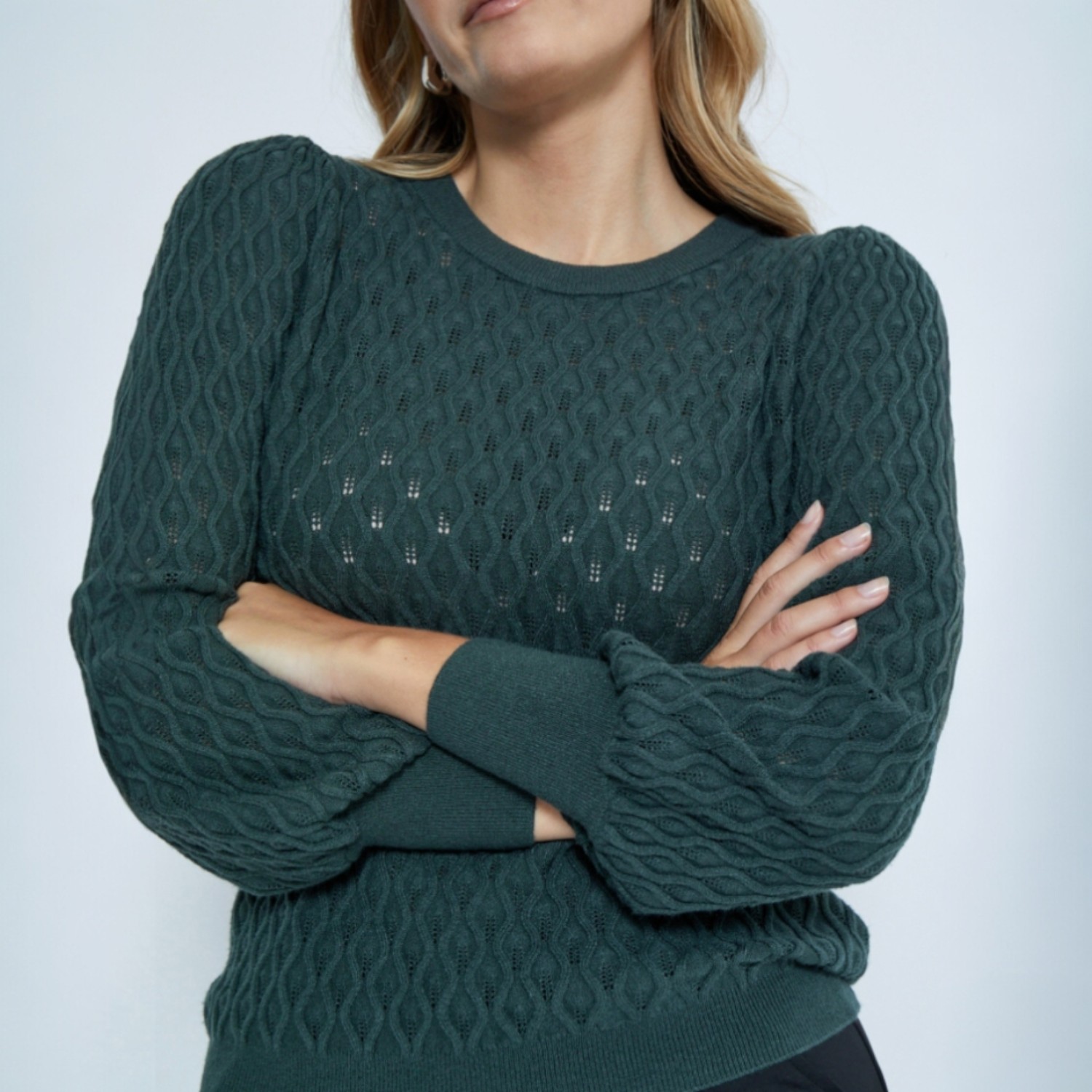 Rosalia Puff Sleeve Knit Pullover Jungle Green | Peppercorn